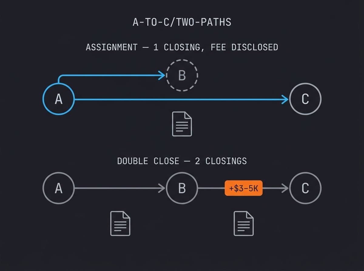 Diagram comparing the assignment path and the double-close path from seller to end buyer