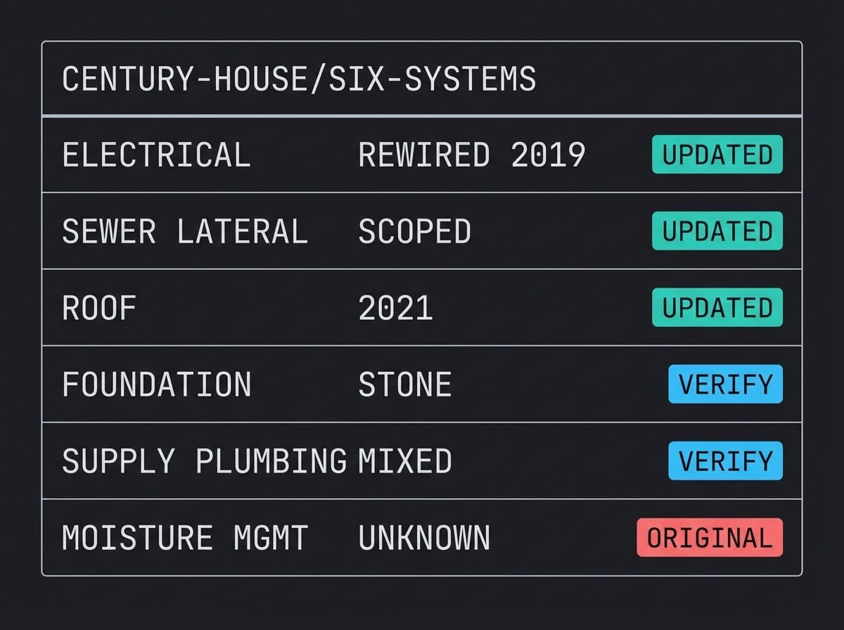 Inspection checklist of six century-house systems with age and status grades