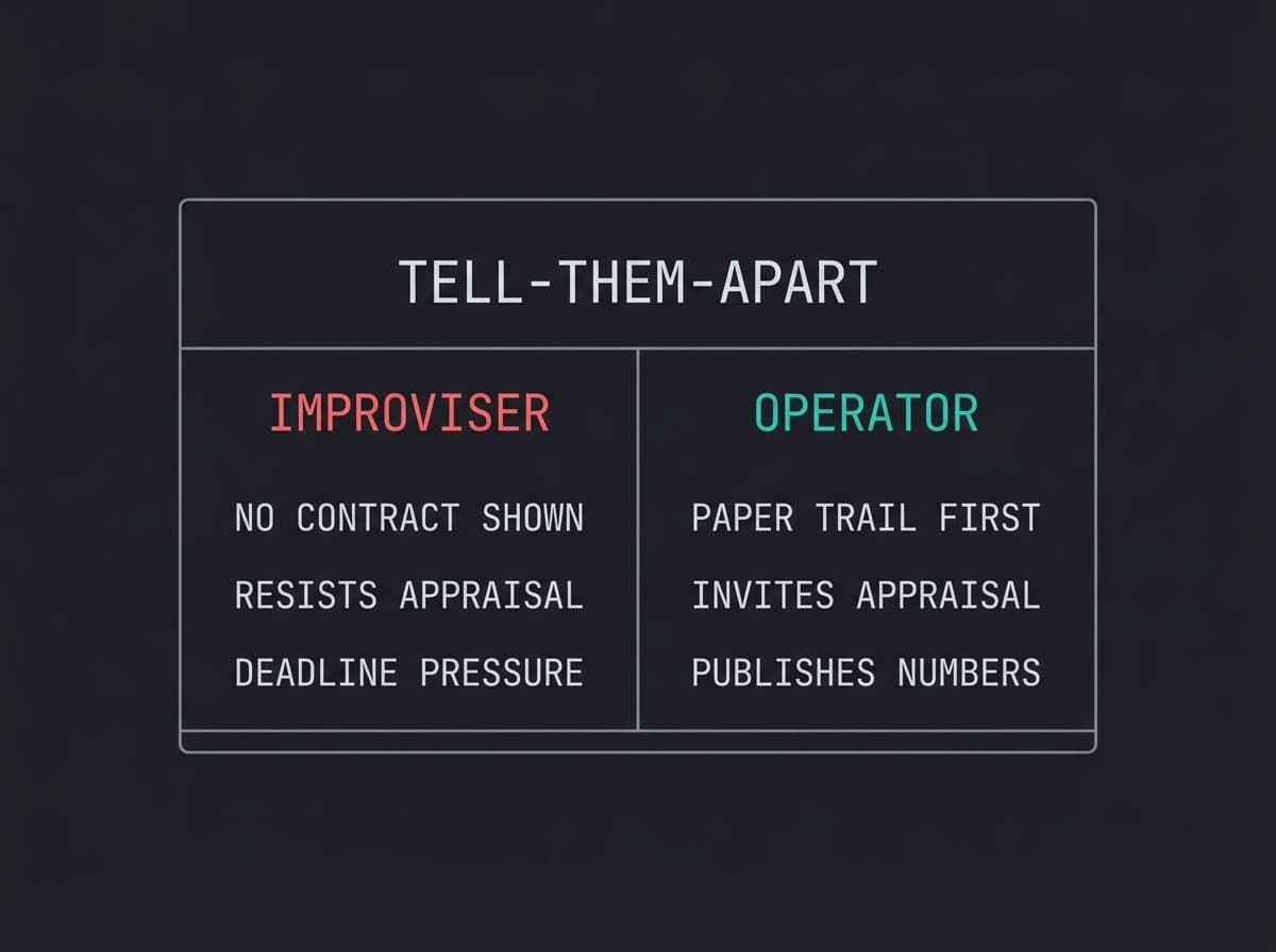 Two-column comparison of improviser red flags versus operator signals