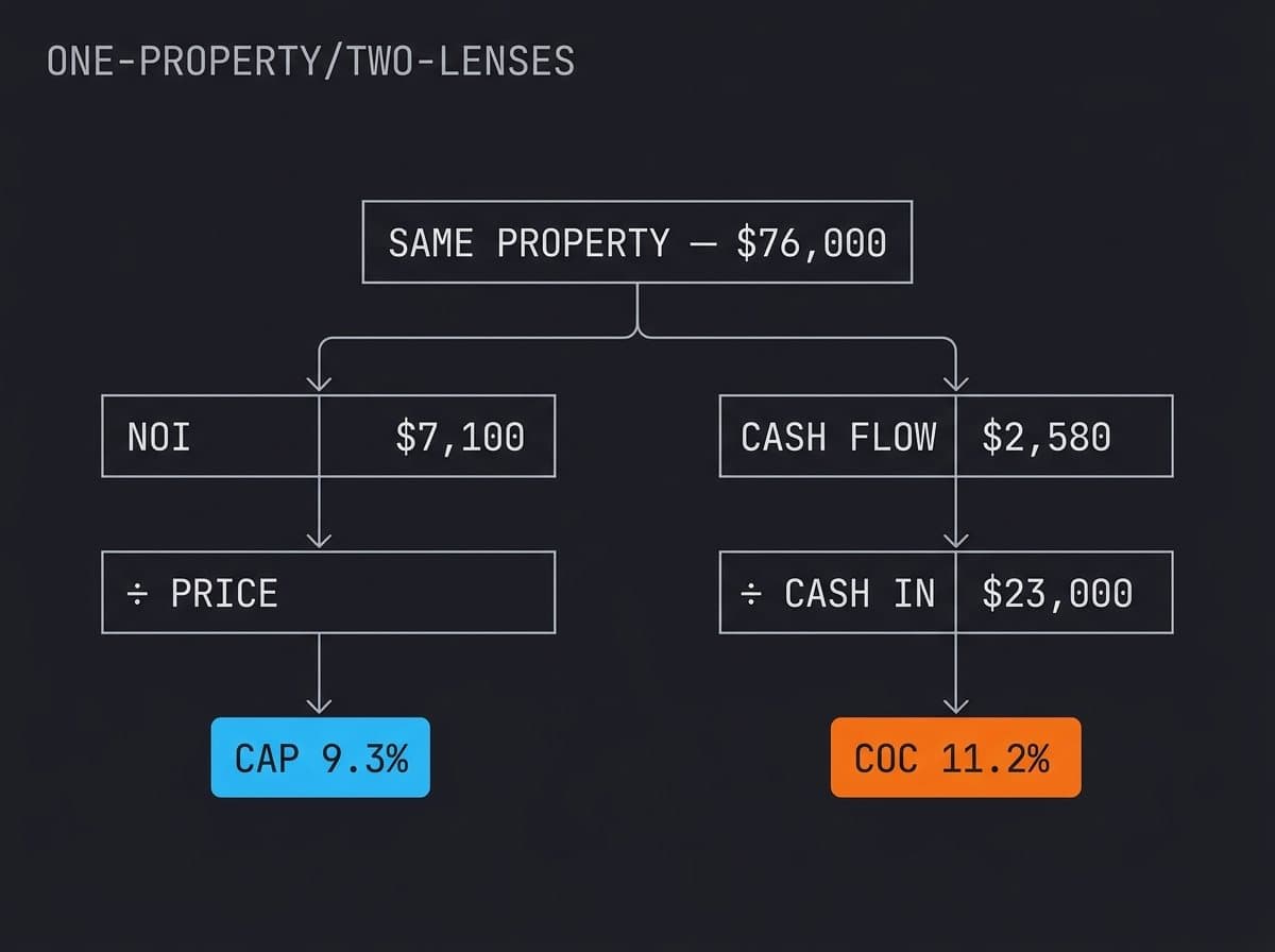 Split diagram computing cap rate and cash-on-cash return from the same property
