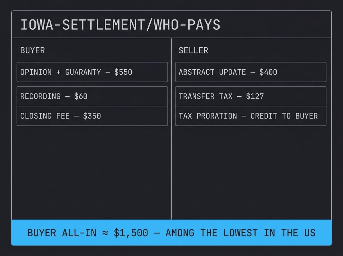 Annotated Iowa settlement statement with buyer and seller columns labeled
