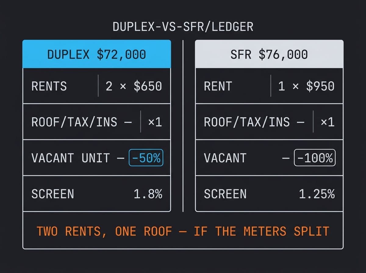 Side-by-side ledger comparing duplex and single-family economics on one roof