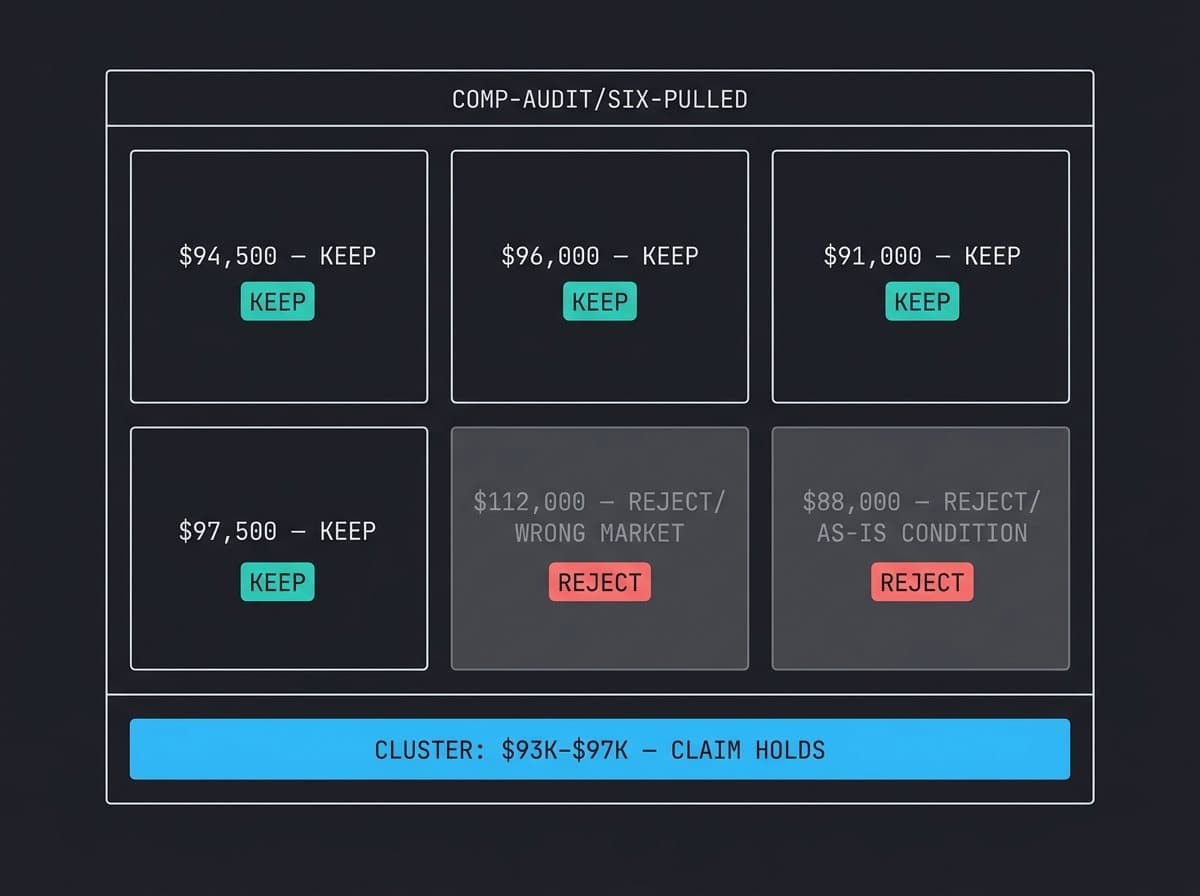 Comp audit board showing six comparable sales with two rejected for condition and market