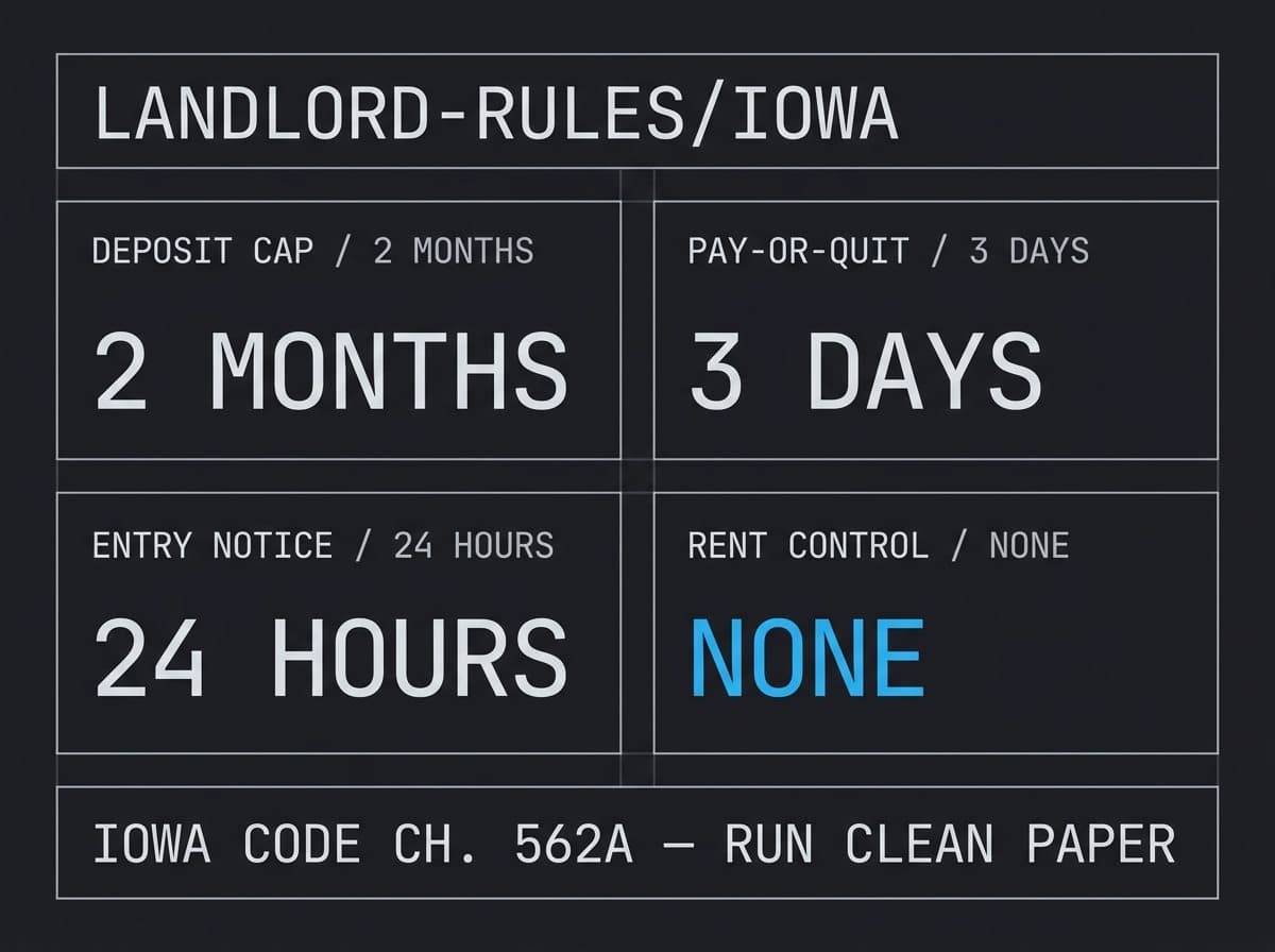 Reference card of Iowa landlord-tenant rules: deposits, notices, entry, eviction timeline