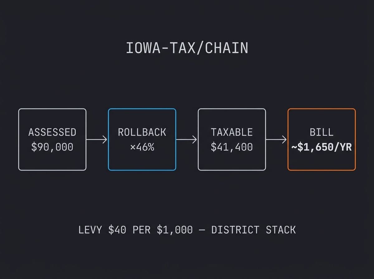 Flow diagram from assessed value through rollback and levy to the annual tax bill