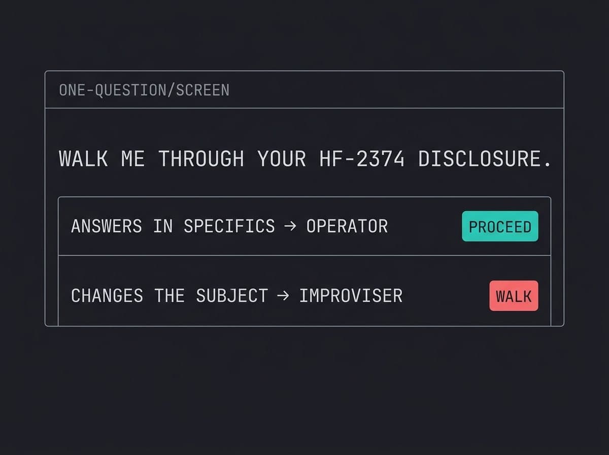 Screening card showing how operators and improvisers answer the disclosure question