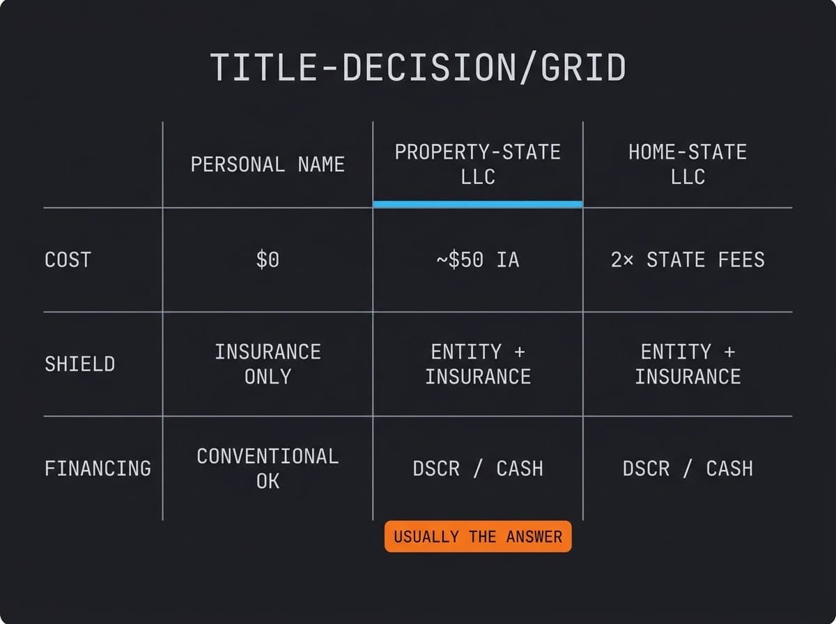 Decision grid comparing personal-name, property-state LLC, and foreign-registered LLC