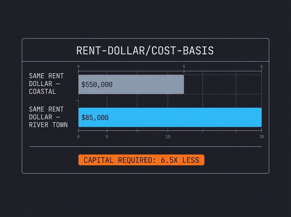 Comparison of capital required for the same rent dollar in coastal versus river-town markets