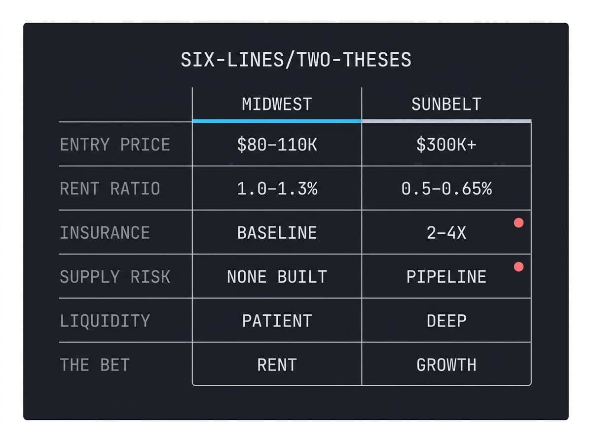 Six-line comparison table of Midwest versus Sunbelt single-family rental economics
