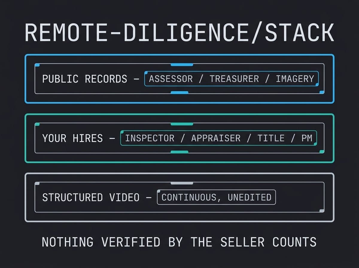 Three-layer remote diligence stack: public records, independent hires, structured video