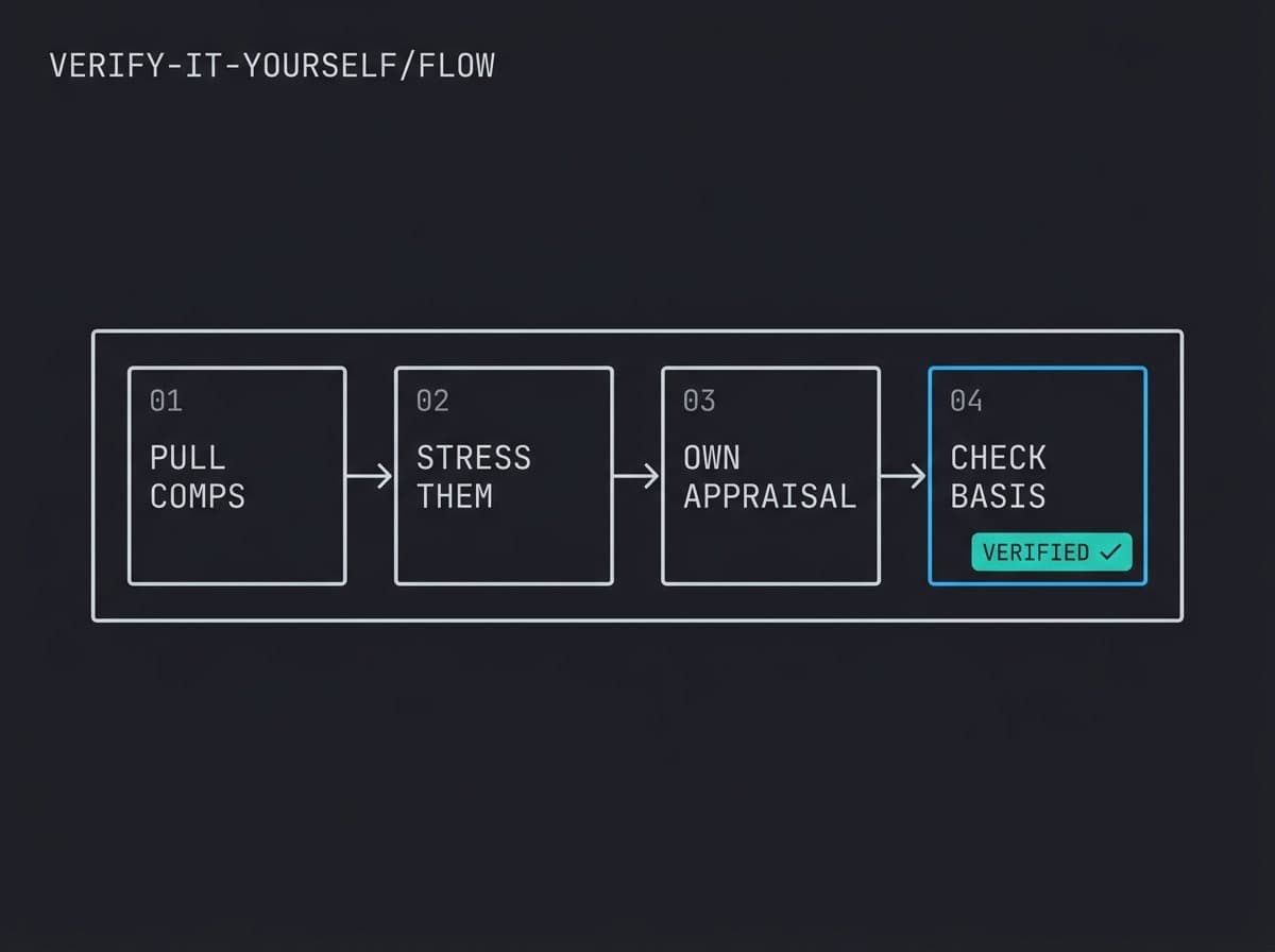 Four-step verification flow from pulling comps to checking basis