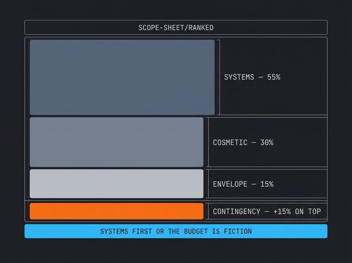 Renovation scope sheet with systems, envelope, and cosmetic lines priced and a contingency row