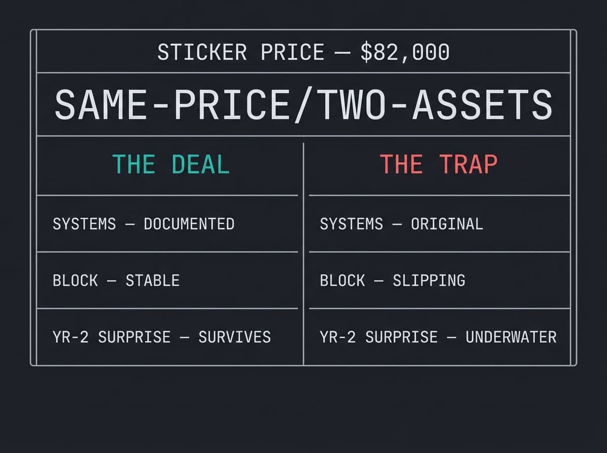 Two-column comparison of a renovated sub-100K deal versus a deferred-maintenance trap