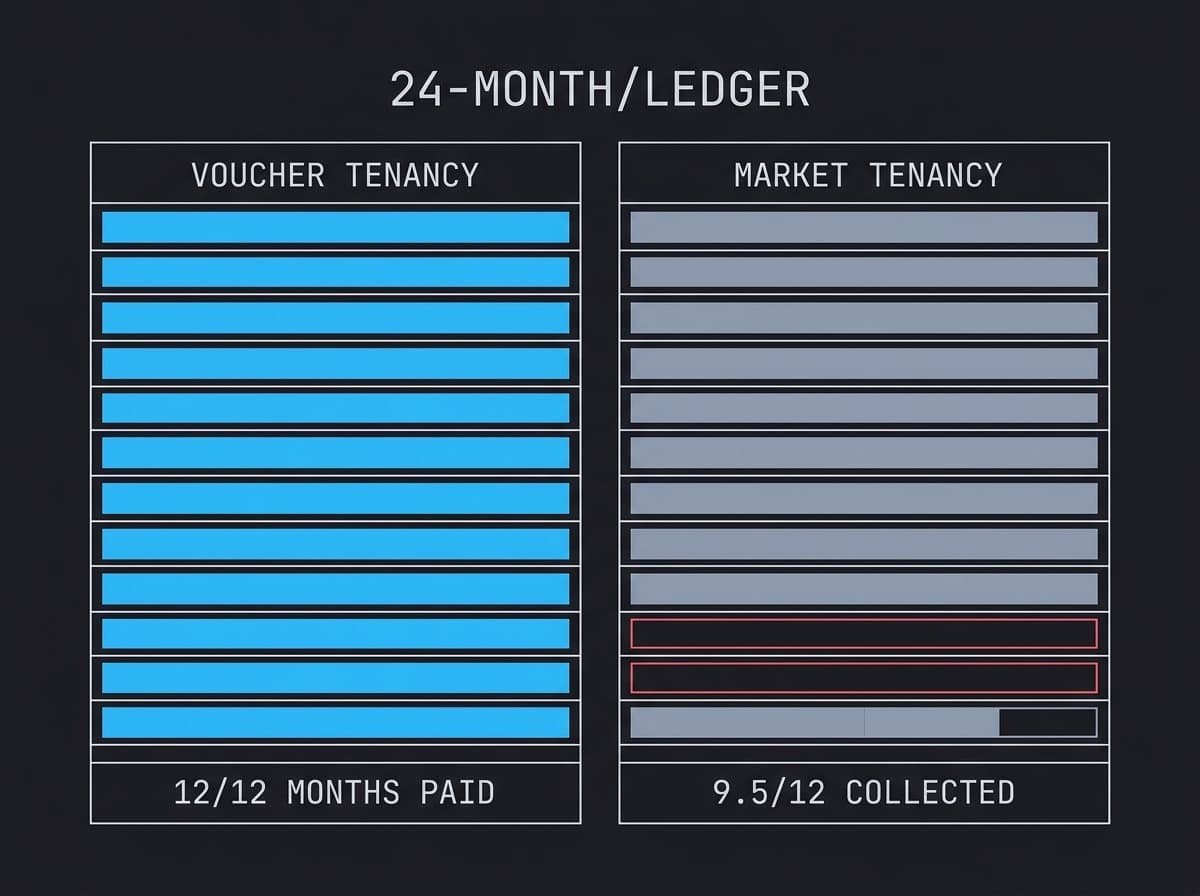 Side-by-side 24-month payment ledger comparing voucher and market tenancies