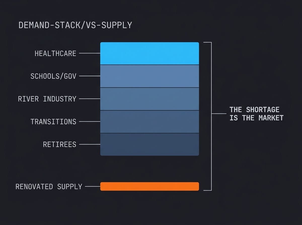 Demand stack diagram of small-town tenant segments against thin quality supply