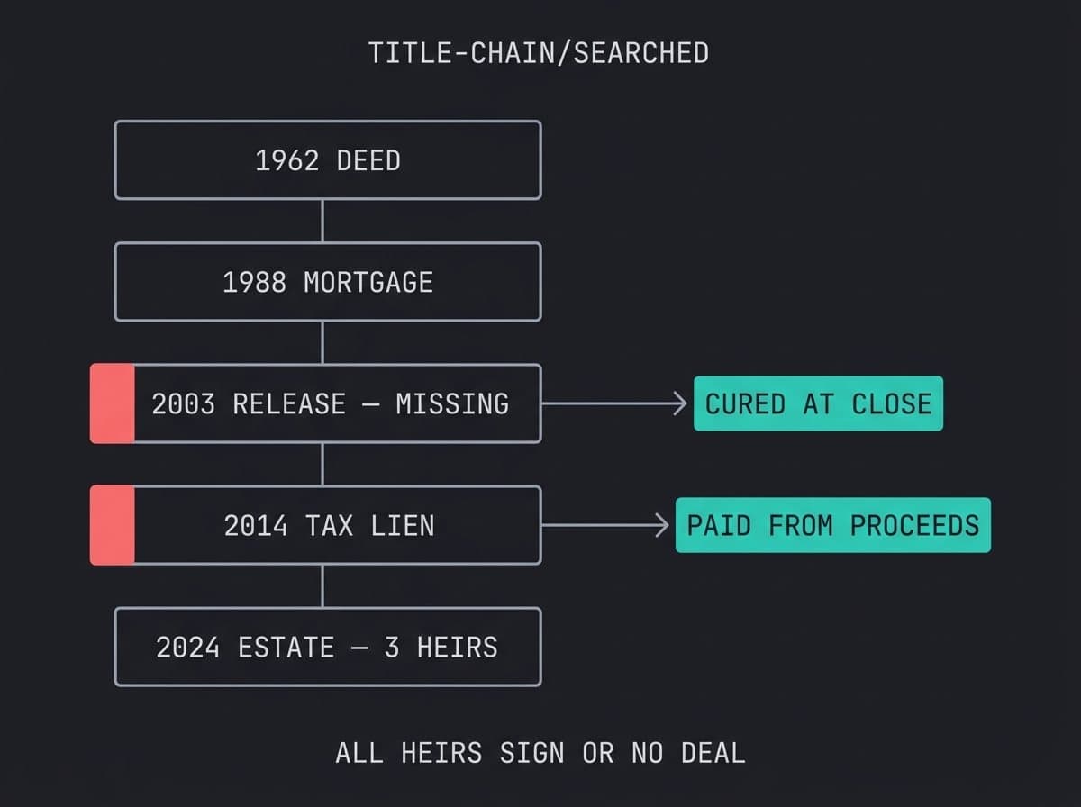 Title search schematic showing chain of ownership with lien and heir flags resolved at closing